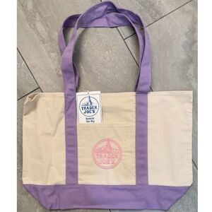 Trader Joe's Large Spring Easter Limited Lavender and Pink Canvas Daily Tote Bag